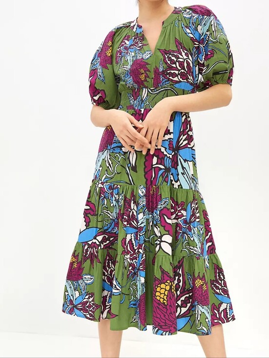 Anthropologie Dresses & Skirts - Anthropologie Olive Green Floral Midi Dress with Purple & Blue Accents
